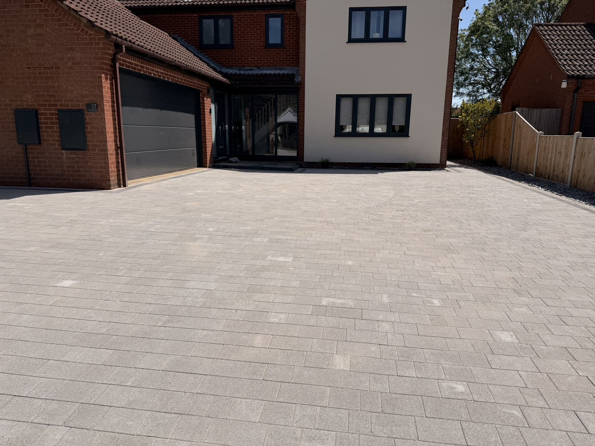 Block paving driveway, front view