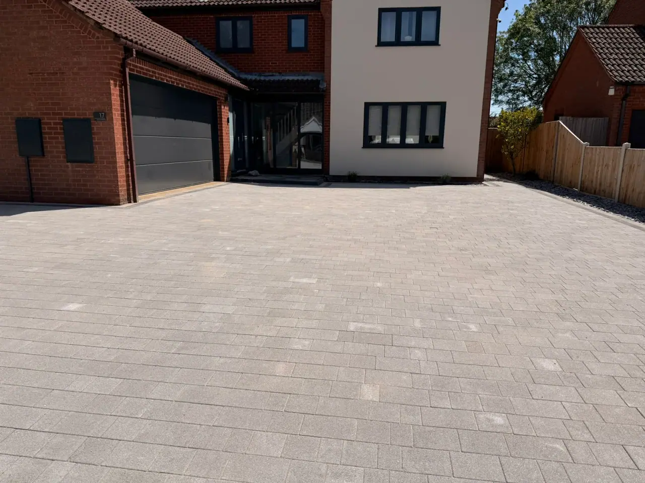 Block paving driveway, front view